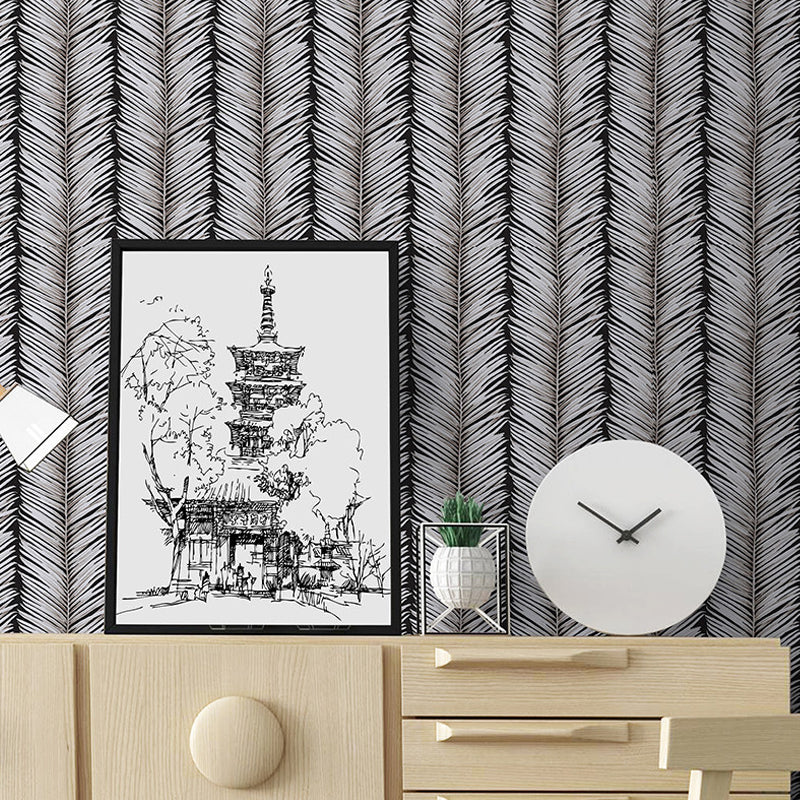 Scandinavian Simple Leaves Wallpaper 33'L x 20.5"W Tree Stem Wall Decor Non-Pasted in Black and White Black-White Clearhalo 'Modern wall decor' 'Modern' 'Wallpaper' Wall Decor' 893328