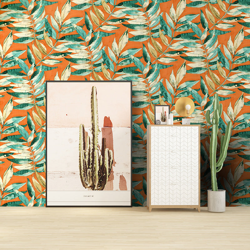 Plaster Wallpaper with Chinese Wash Painting of Leaves, Dyed Red, 33-foot x 20.5-inch Clearhalo 'Modern wall decor' 'Modern' 'Tropical wall decor' 'Tropical' 'Wallpaper' Wall Decor' 893483