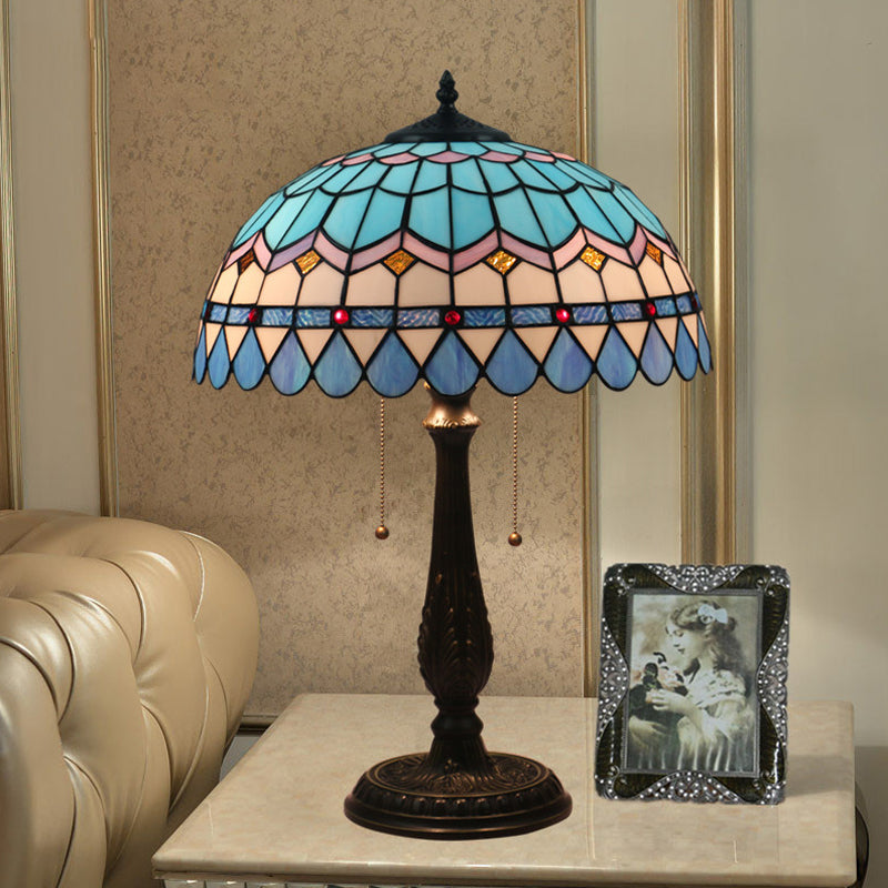 Dome Shaped Pull Chain Night Table Lighting Tiffany Stained Glass 1-Head Bronze Nightstand Lamp Bronze Clearhalo 'Lamps' 'Table Lamps' Lighting' 893867