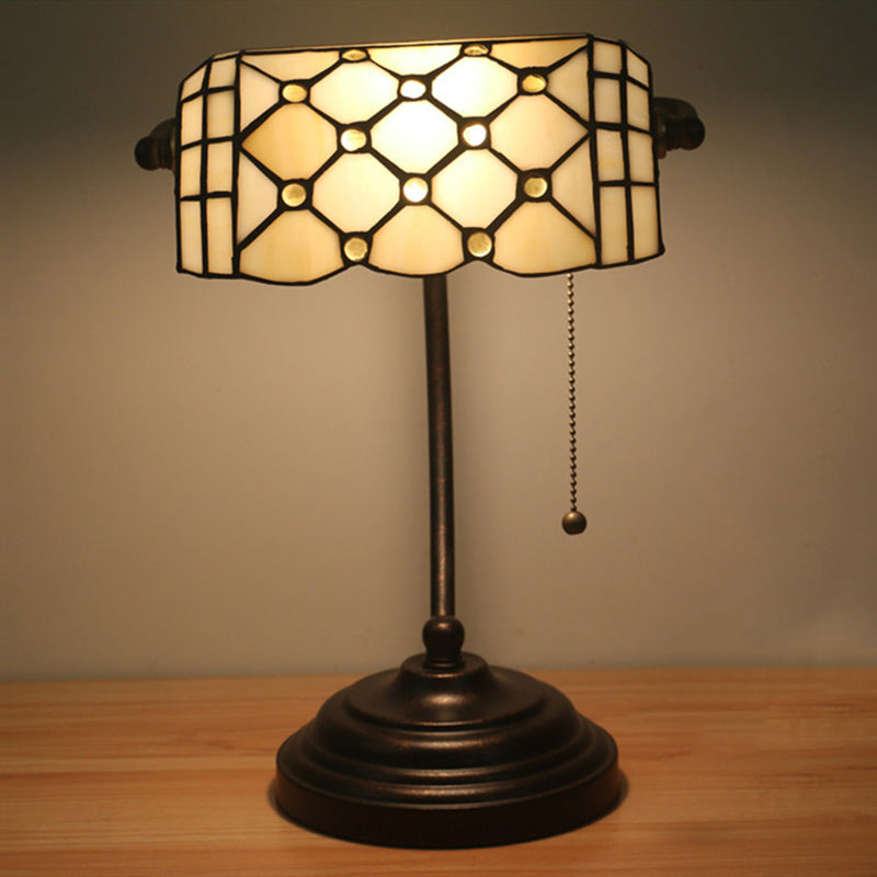 1 Head Task Lamp Tiffany Style Jeweled Beige Glass Pull Chain Night Table Lighting in Blue/Gold with Curved Arm Yellow Clearhalo 'Lamps' 'Table Lamps' Lighting' 893887