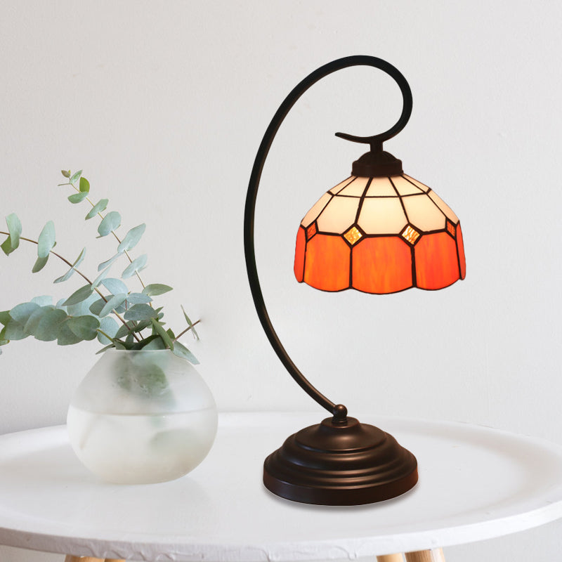 1 Head Grid Dome Night Table Lamp Baroque Orange/Blue/Yellow Cut Glass Task Lighting with Swirl Arm Clearhalo 'Desk Lamps' 'Lamps' Lighting' 893925