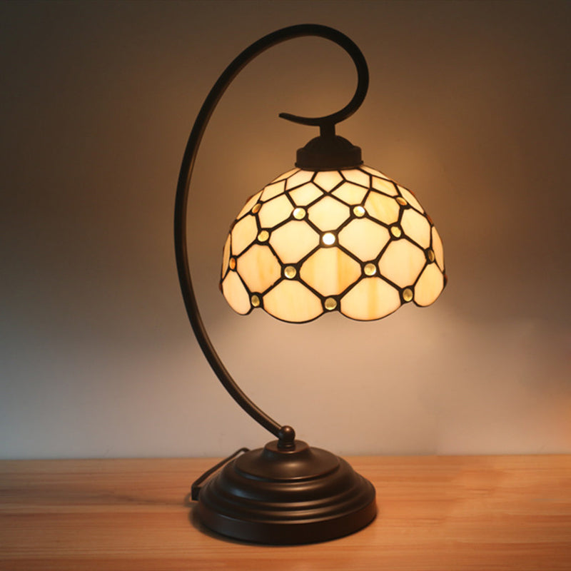 Bronze Bowl Night Table Lamp Tiffany 1 Head Beige/White Glass Clear/Blue/Green Beaded Patterned Desk Light with Swirl Arm Beige-Clear Clearhalo 'Desk Lamps' 'Lamps' Lighting' 893935