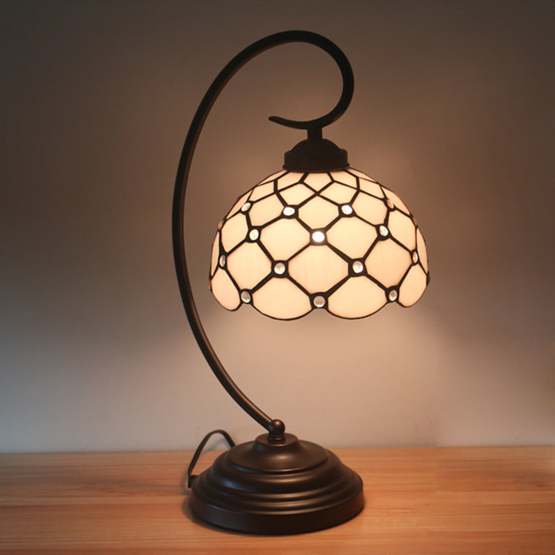 Bronze Bowl Night Table Lamp Tiffany 1 Head Beige/White Glass Clear/Blue/Green Beaded Patterned Desk Light with Swirl Arm White-Clear Clearhalo 'Desk Lamps' 'Lamps' Lighting' 893939