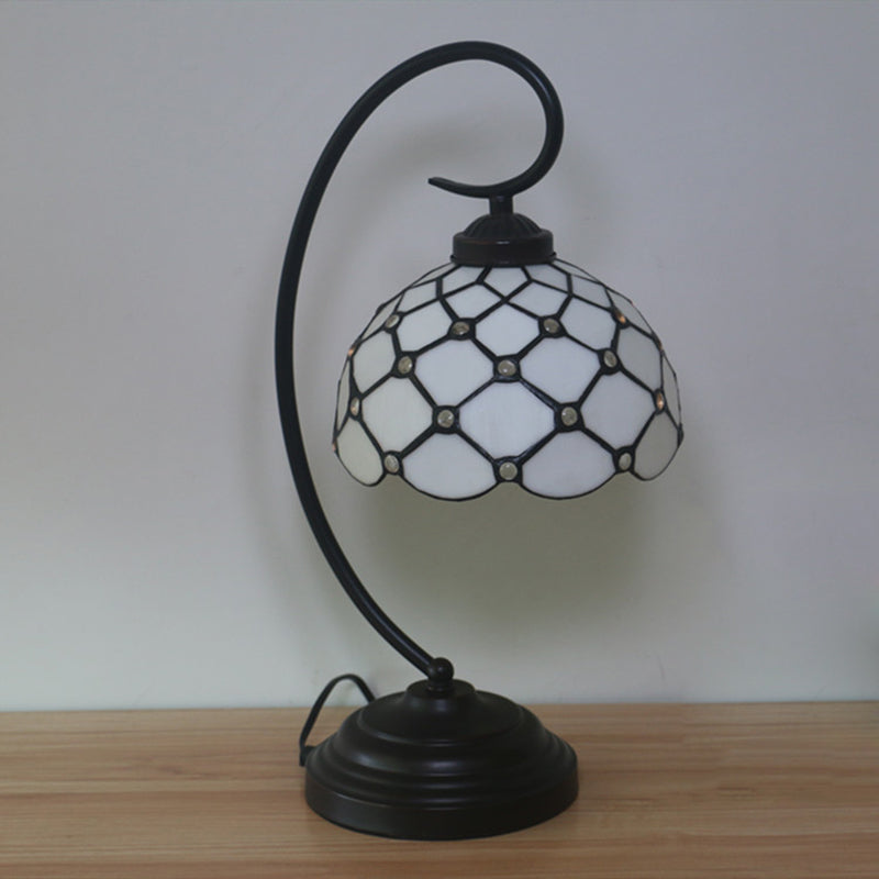 Bronze Bowl Night Table Lamp Tiffany 1 Head Beige/White Glass Clear/Blue/Green Beaded Patterned Desk Light with Swirl Arm Clearhalo 'Desk Lamps' 'Lamps' Lighting' 893940