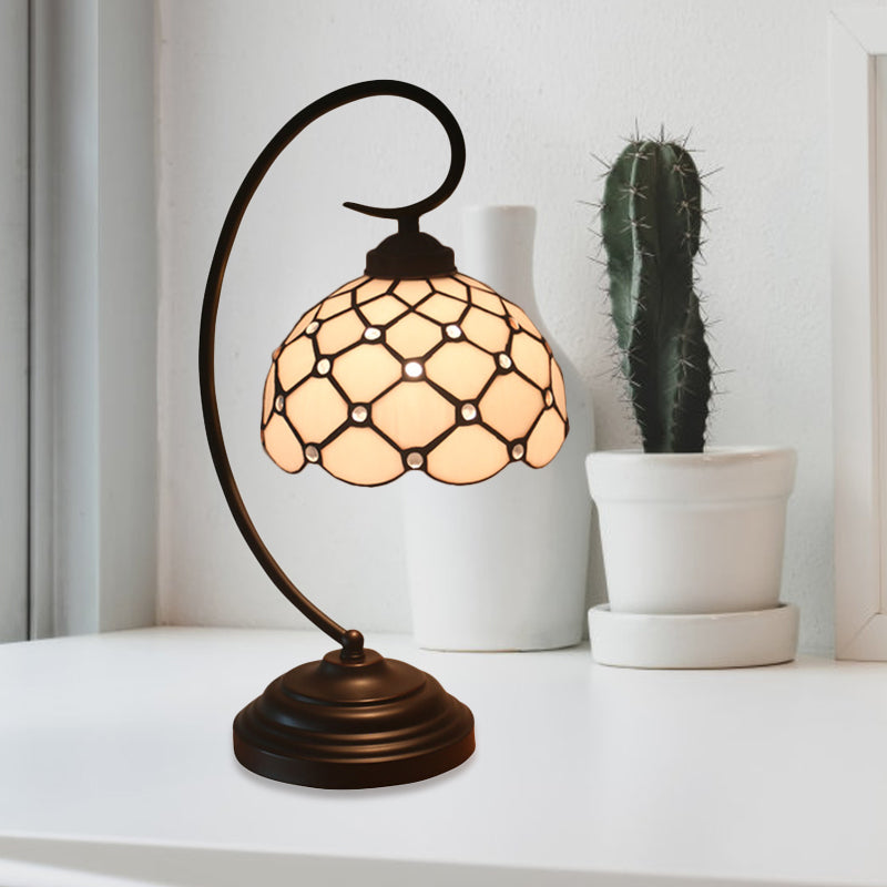 Bronze Bowl Night Table Lamp Tiffany 1 Head Beige/White Glass Clear/Blue/Green Beaded Patterned Desk Light with Swirl Arm Clearhalo 'Desk Lamps' 'Lamps' Lighting' 893941