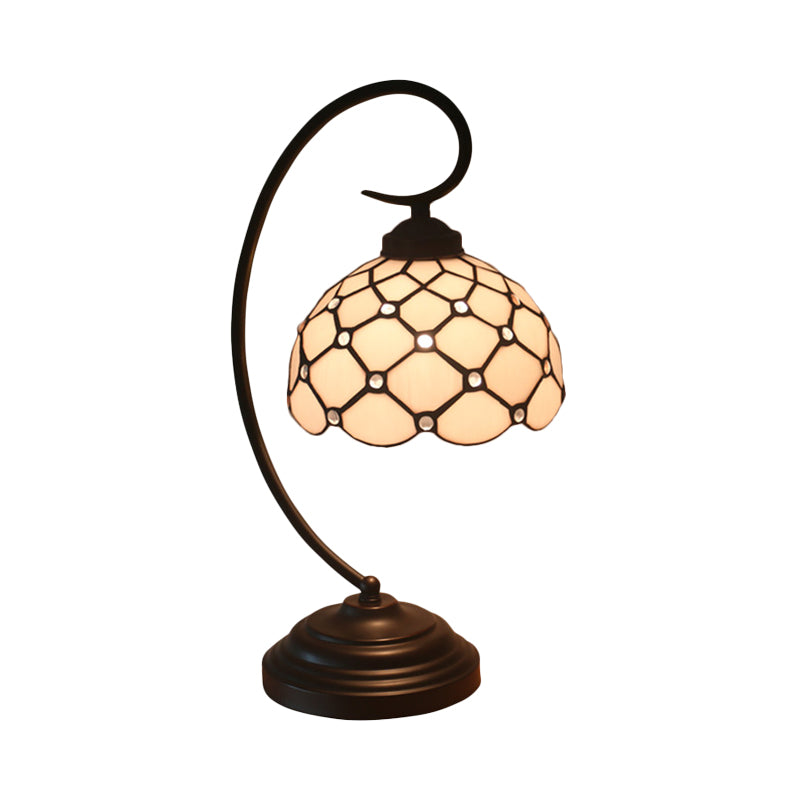 Bronze Bowl Night Table Lamp Tiffany 1 Head Beige/White Glass Clear/Blue/Green Beaded Patterned Desk Light with Swirl Arm Clearhalo 'Desk Lamps' 'Lamps' Lighting' 893942