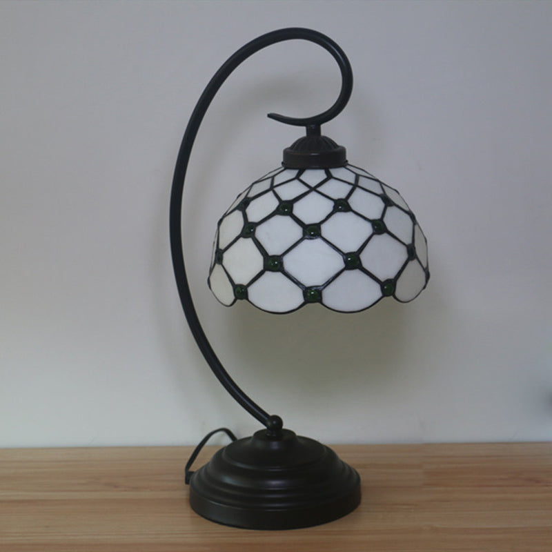 Bronze Bowl Night Table Lamp Tiffany 1 Head Beige/White Glass Clear/Blue/Green Beaded Patterned Desk Light with Swirl Arm Clearhalo 'Desk Lamps' 'Lamps' Lighting' 893944