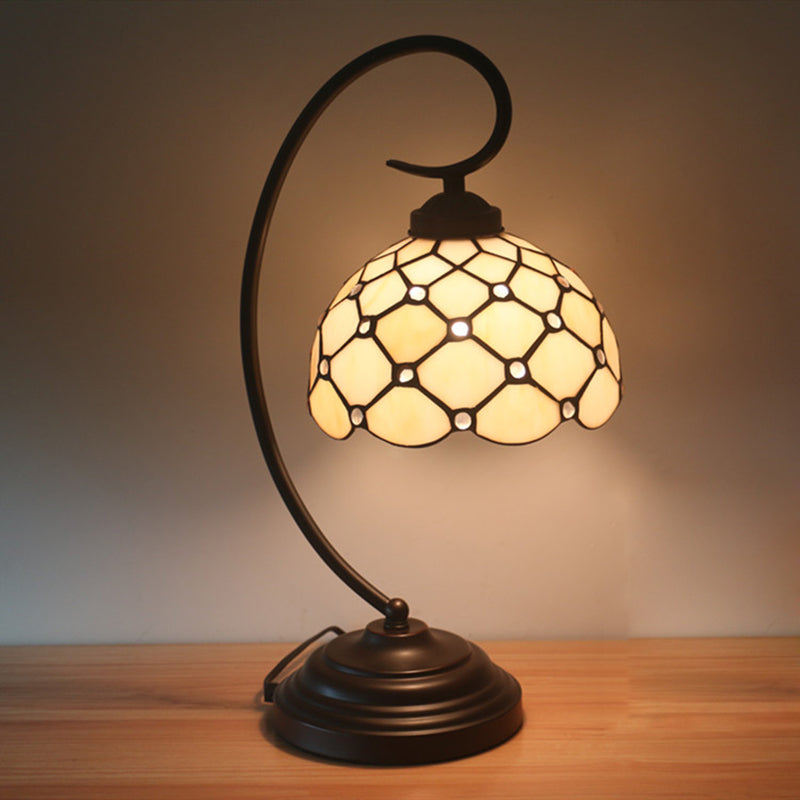 Bronze Bowl Night Table Lamp Tiffany 1 Head Beige/White Glass Clear/Blue/Green Beaded Patterned Desk Light with Swirl Arm Yellow Clearhalo 'Desk Lamps' 'Lamps' Lighting' 893947