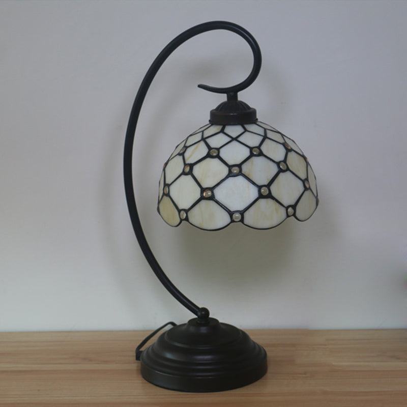 Bronze Bowl Night Table Lamp Tiffany 1 Head Beige/White Glass Clear/Blue/Green Beaded Patterned Desk Light with Swirl Arm Clearhalo 'Desk Lamps' 'Lamps' Lighting' 893948