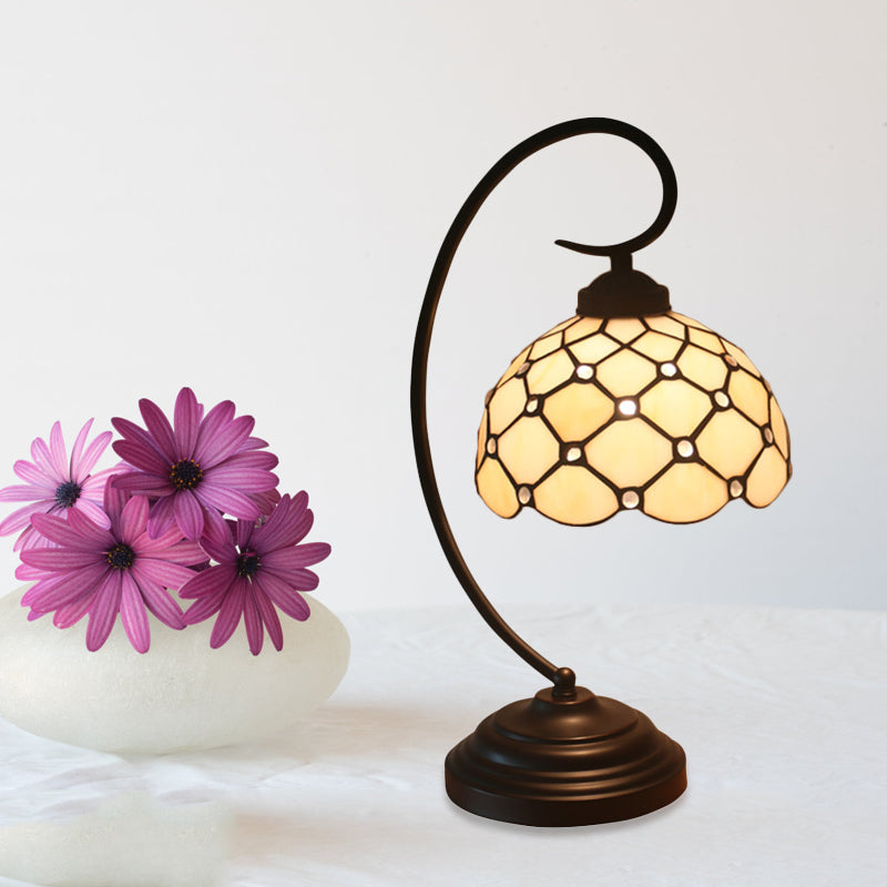 Bronze Bowl Night Table Lamp Tiffany 1 Head Beige/White Glass Clear/Blue/Green Beaded Patterned Desk Light with Swirl Arm Clearhalo 'Desk Lamps' 'Lamps' Lighting' 893949