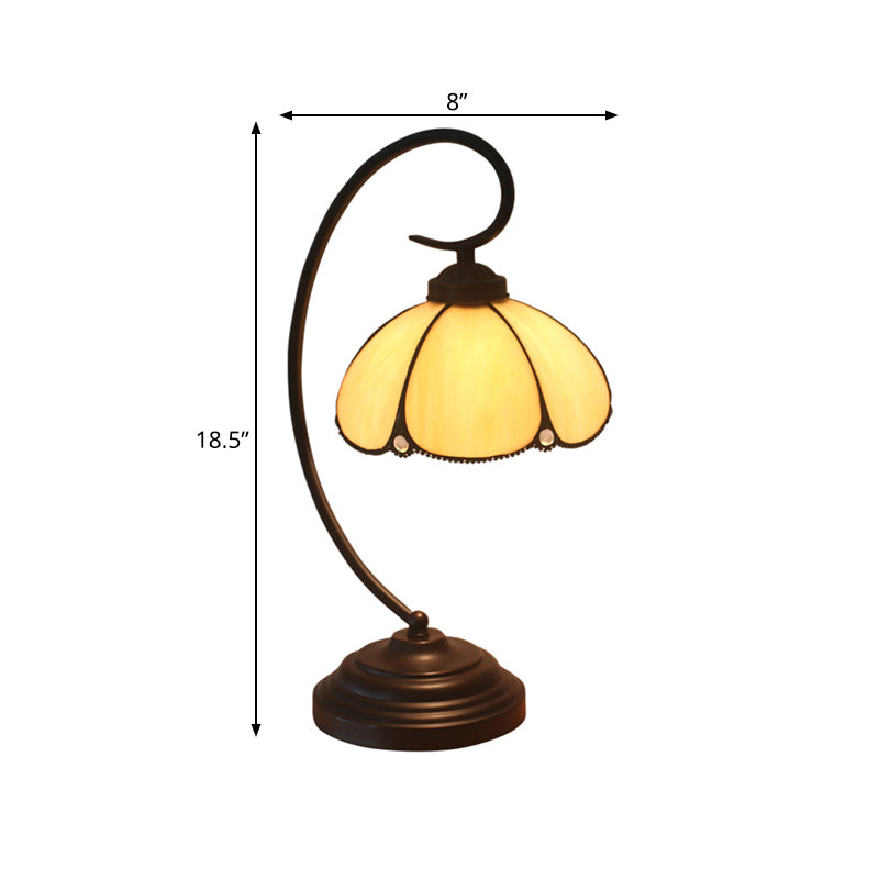 1-Light Bedroom Nightstand Lamp Mediterranean White/Red Beaded Patterned Desk Lighting with Flower Beige Glass Shade Clearhalo 'Desk Lamps' 'Lamps' Lighting' 893962