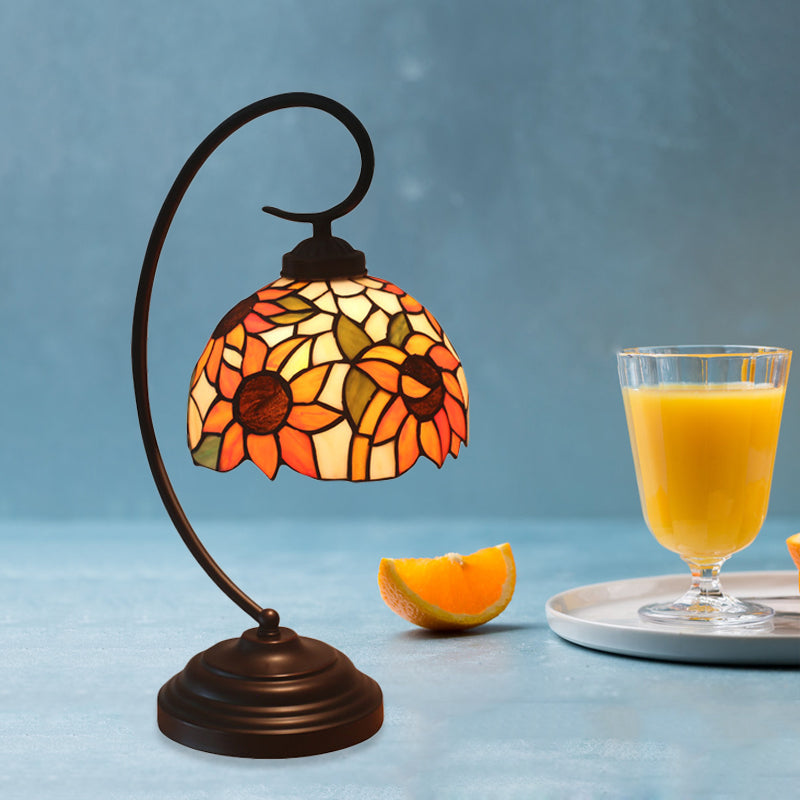 1 Bulb Night Lamp Mediterranean Sunflower Stained Glass Nightstand Light in Dark Coffee with Swirl Arm Dark Coffee Clearhalo 'Desk Lamps' 'Lamps' Lighting' 893975