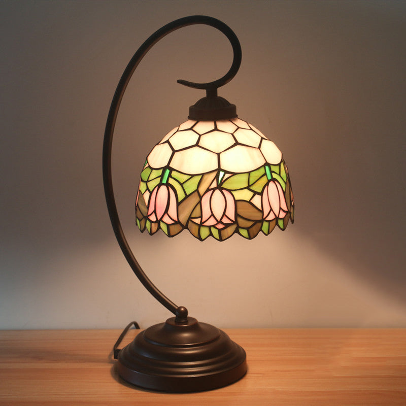 Bronze Curvy Night Light Baroque 1 Head Metal Red/Pink Rose/Tulip Patterned Desk Lighting with Bowl Cut Glass Shade Purple Clearhalo 'Desk Lamps' 'Lamps' Lighting' 893987