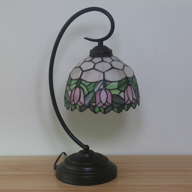 Bronze Curvy Night Light Baroque 1 Head Metal Red/Pink Rose/Tulip Patterned Desk Lighting with Bowl Cut Glass Shade Clearhalo 'Desk Lamps' 'Lamps' Lighting' 893988