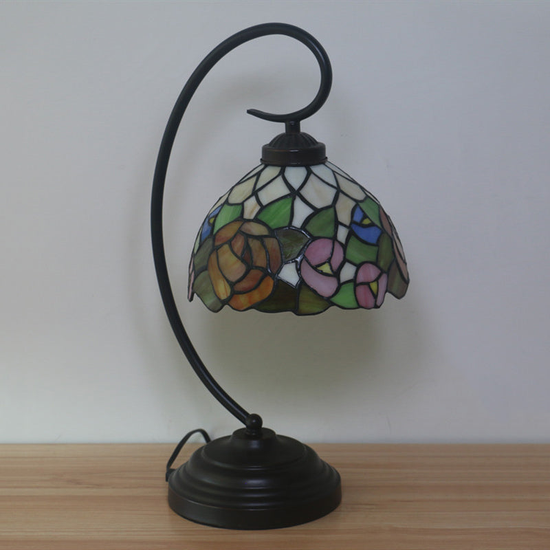 Bronze Curvy Night Light Baroque 1 Head Metal Red/Pink Rose/Tulip Patterned Desk Lighting with Bowl Cut Glass Shade Clearhalo 'Desk Lamps' 'Lamps' Lighting' 893992