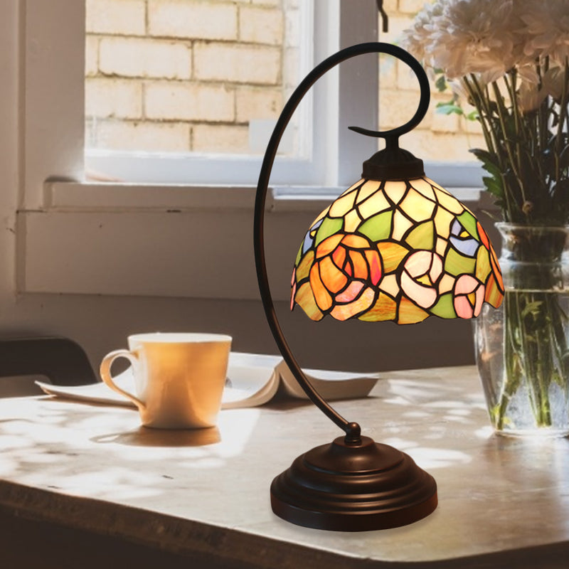 Bronze Curvy Night Light Baroque 1 Head Metal Red/Pink Rose/Tulip Patterned Desk Lighting with Bowl Cut Glass Shade Clearhalo 'Desk Lamps' 'Lamps' Lighting' 893993