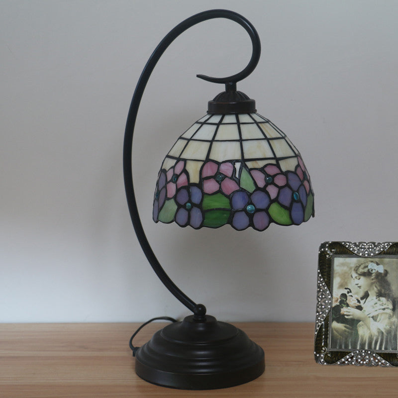 Pink/Orange 1-Head Desk Light Tiffany Hand Cut Glass Bowl Shape Night Table Lamp with Blossom Pattern for Bedroom Clearhalo 'Desk Lamps' 'Lamps' Lighting' 894012