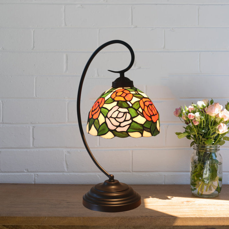 Pink/Orange 1-Head Desk Light Tiffany Hand Cut Glass Bowl Shape Night Table Lamp with Blossom Pattern for Bedroom Clearhalo 'Desk Lamps' 'Lamps' Lighting' 894017