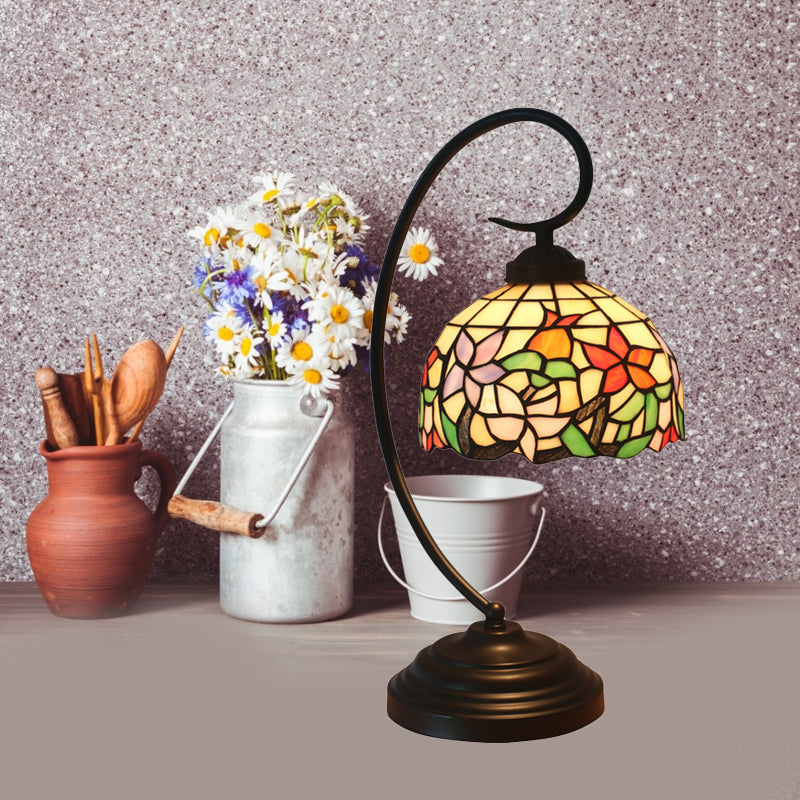 Pink/Orange 1-Head Desk Light Tiffany Hand Cut Glass Bowl Shape Night Table Lamp with Blossom Pattern for Bedroom Clearhalo 'Desk Lamps' 'Lamps' Lighting' 894021
