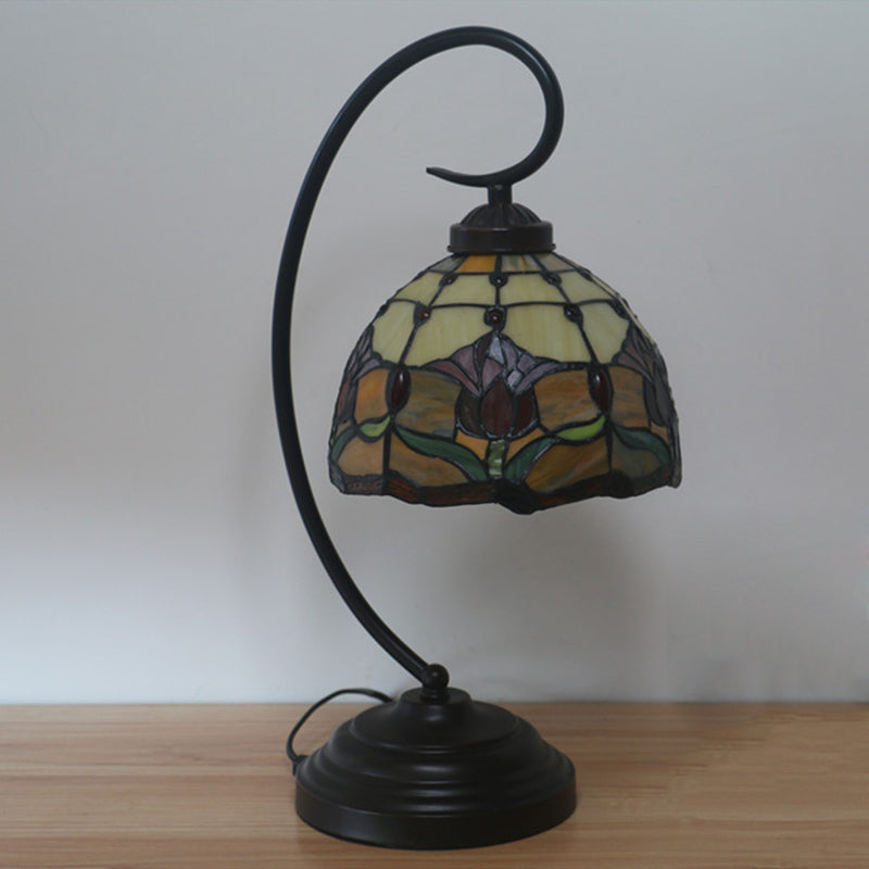 1-Bulb Domed Table Lighting Baroque Red/Pink/Brown Cut Glass Rose/Tulip Patterned Nightstand Lamp with Curvy Arm Brown Clearhalo 'Desk Lamps' 'Lamps' Lighting' 894031