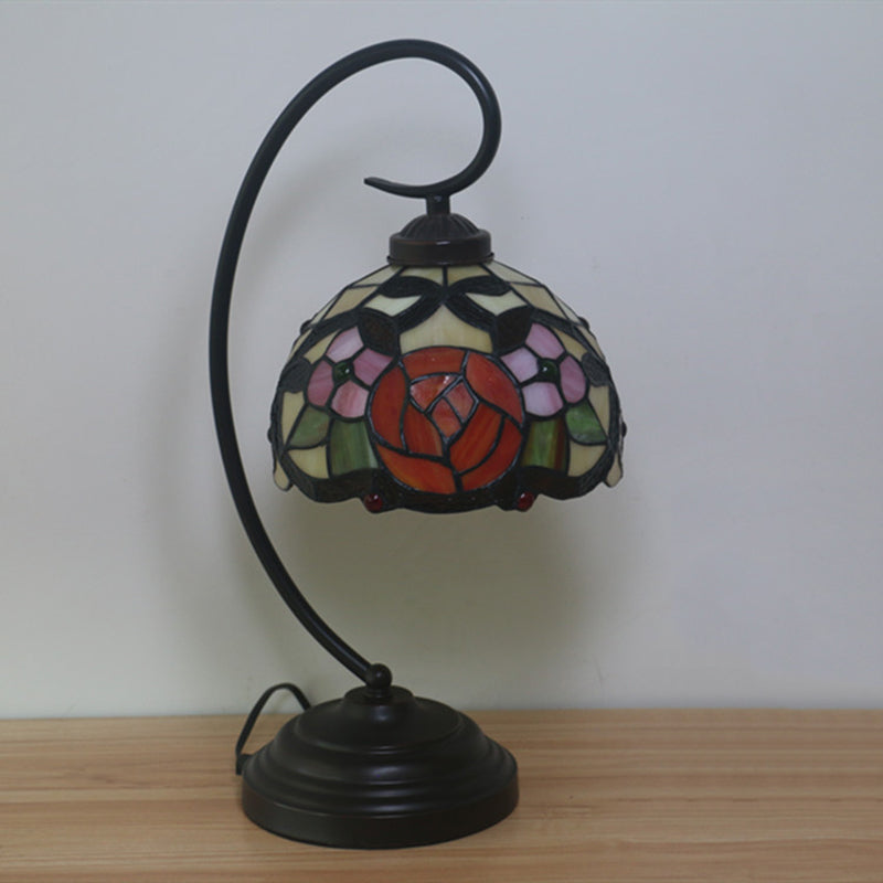 1-Bulb Domed Table Lighting Baroque Red/Pink/Brown Cut Glass Rose/Tulip Patterned Nightstand Lamp with Curvy Arm Clearhalo 'Desk Lamps' 'Lamps' Lighting' 894036