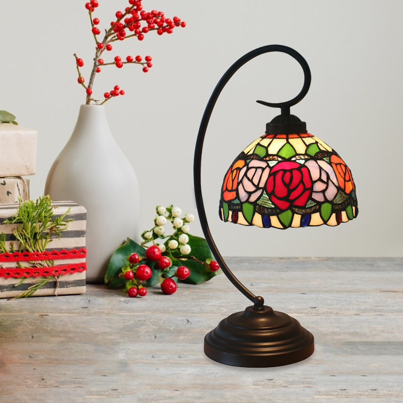 1-Bulb Domed Table Lighting Baroque Red/Pink/Brown Cut Glass Rose/Tulip Patterned Nightstand Lamp with Curvy Arm Clearhalo 'Desk Lamps' 'Lamps' Lighting' 894041