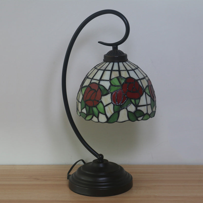 1-Bulb Domed Table Lighting Baroque Red/Pink/Brown Cut Glass Rose/Tulip Patterned Nightstand Lamp with Curvy Arm Clearhalo 'Desk Lamps' 'Lamps' Lighting' 894044