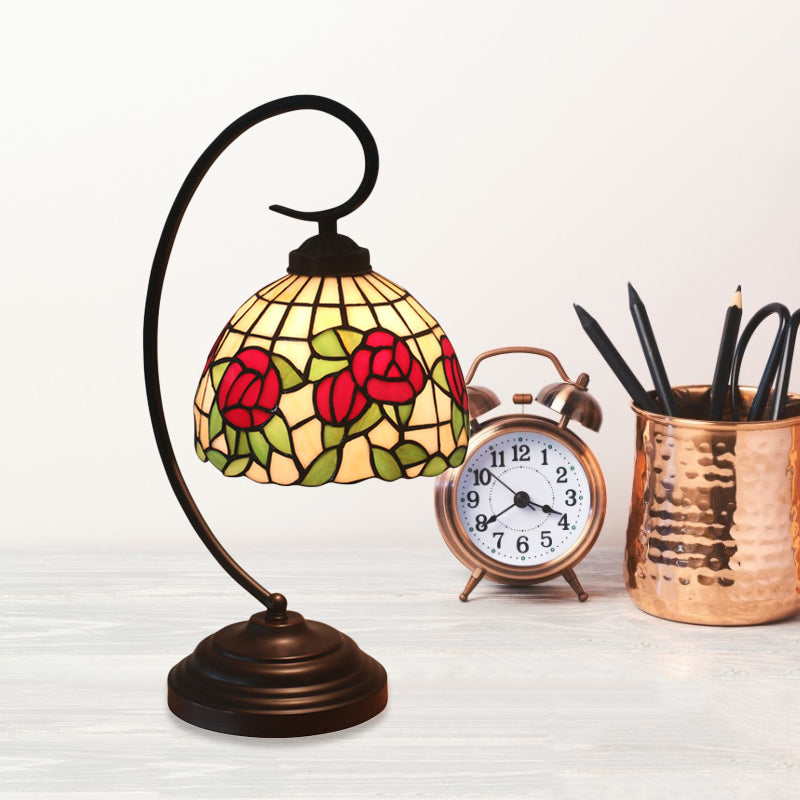 1-Bulb Domed Table Lighting Baroque Red/Pink/Brown Cut Glass Rose/Tulip Patterned Nightstand Lamp with Curvy Arm Clearhalo 'Desk Lamps' 'Lamps' Lighting' 894045