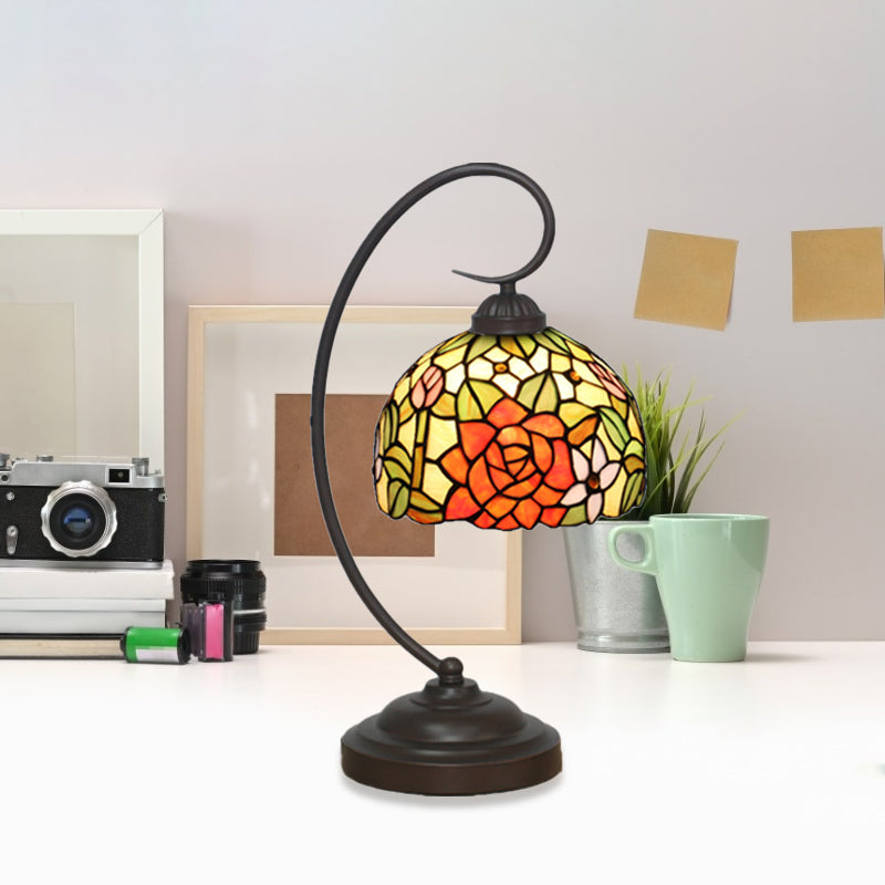 Dome Shade Table Light Victorian Hand Cut Glass 1 Light Red/Orange Nightstand Lighting with Rose Pattern Clearhalo 'Desk Lamps' 'Lamps' Lighting' 894048