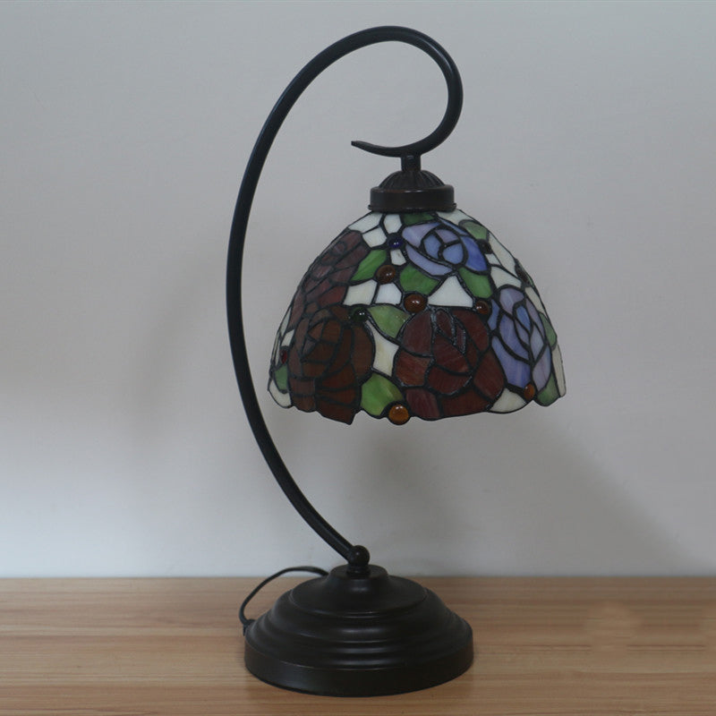 Dome Shade Table Light Victorian Hand Cut Glass 1 Light Red/Orange Nightstand Lighting with Rose Pattern Clearhalo 'Desk Lamps' 'Lamps' Lighting' 894052