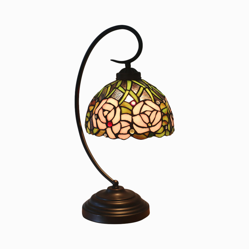 Dome Shape Cut Glass Table Lamp Tiffany 1-Bulb Black/White Finish Rose Patterned Night Lighting Clearhalo 'Desk Lamps' 'Lamps' Lighting' 894057