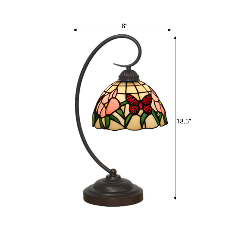Victorian Bowl Nightstand Lighting 1 Light Stained Glass Pink/Purple Flower Patterned Task Light with Swirl Arm Clearhalo 'Desk Lamps' 'Lamps' Lighting' 894074
