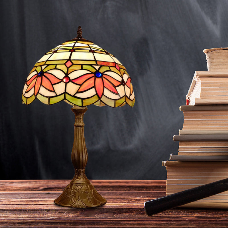 1 Head Dome Table Lamp Baroque Style Yellow/Green/Orange Stained Glass Nightstand Lamp with Leaf/Flower Pattern Orange Clearhalo 'Lamps' 'Table Lamps' Lighting' 894239
