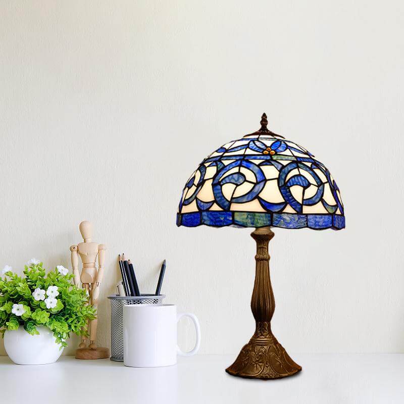 1 Bulb Bedroom Nightstand Lighting Tiffany Bronze Table Lamp with Domed Stained Glass Shade Clearhalo 'Lamps' 'Table Lamps' Lighting' 894332-sw