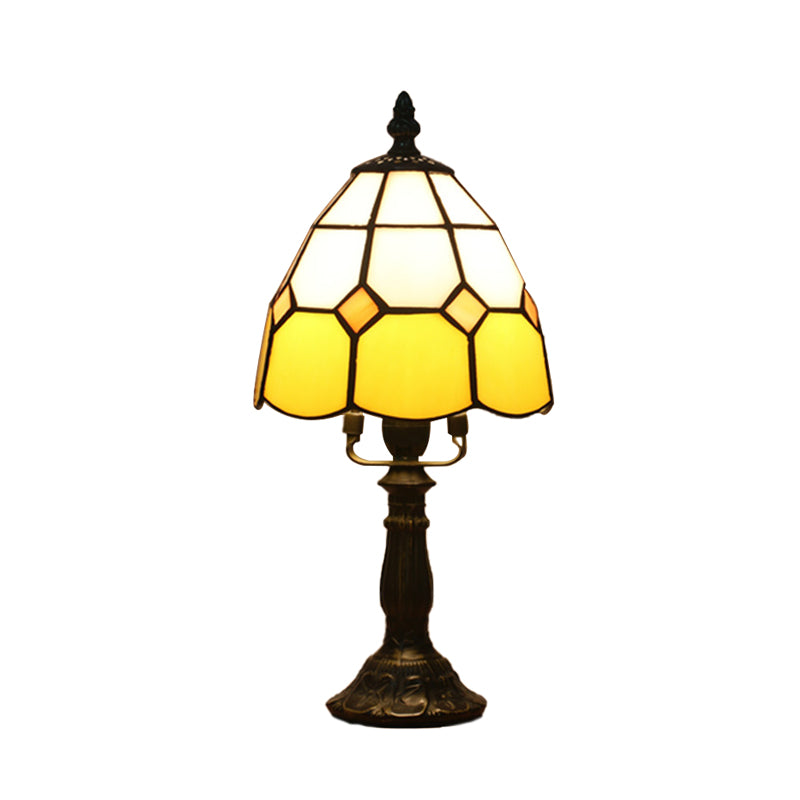 Dome Night Light Mission Stained Art Glass 1 Head Beige/Yellow/Orange Grid Patterned Nightstand Lighting for Bedroom Clearhalo 'Lamps' 'Table Lamps' Lighting' 894382
