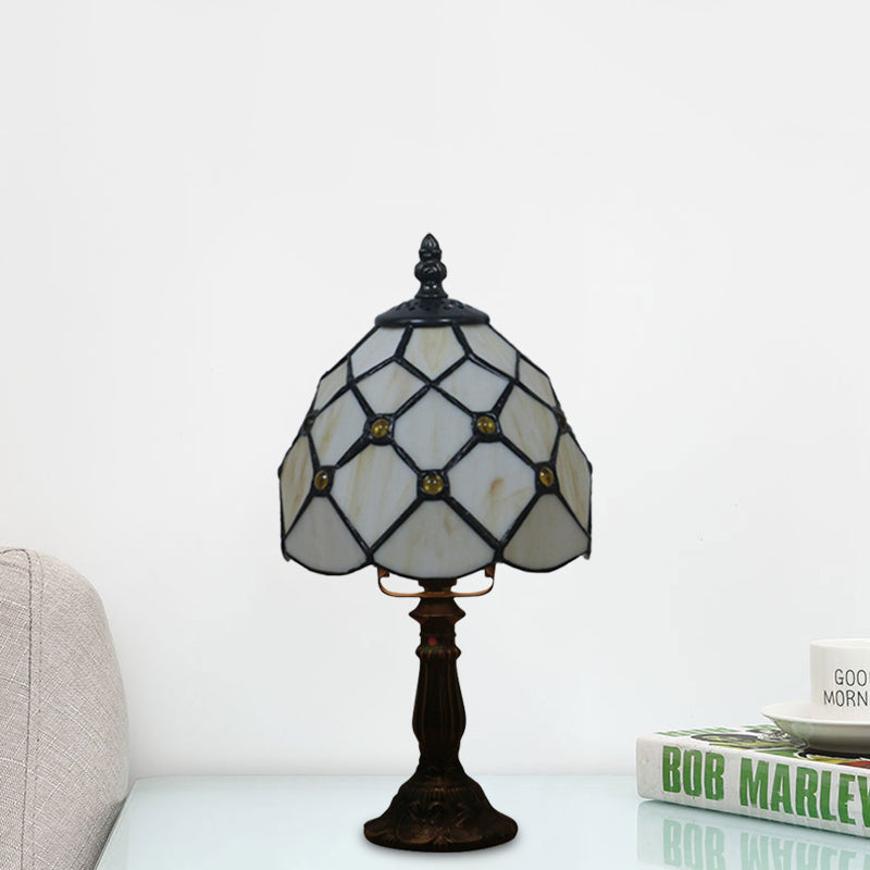 Bowl Shape Hand Cut Glass Nightstand Lamp Tiffany Style 1 Light Beige/Red-Green-Pink Table Light for Bedroom Clearhalo 'Lamps' 'Table Lamps' Lighting' 894396