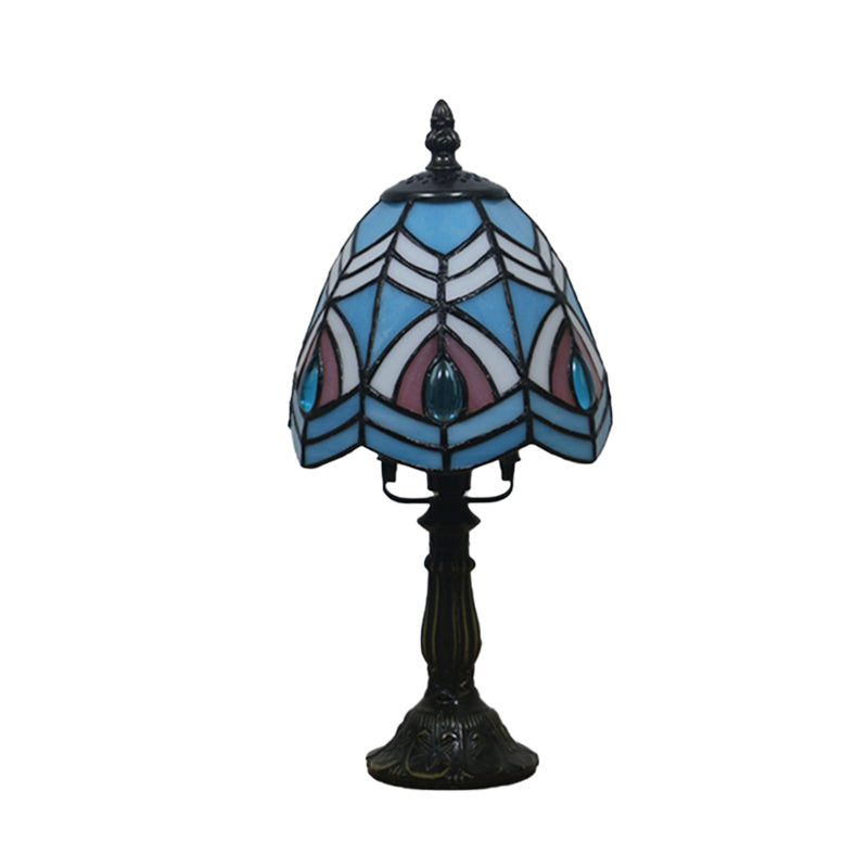 Beige/Pink Bowl Night Lamp Mediterranean 1 Bulb Hand Cut Glass Floral/Peacock Tail Patterned Table Lighting for Bedside Clearhalo 'Lamps' 'Table Lamps' Lighting' 894445