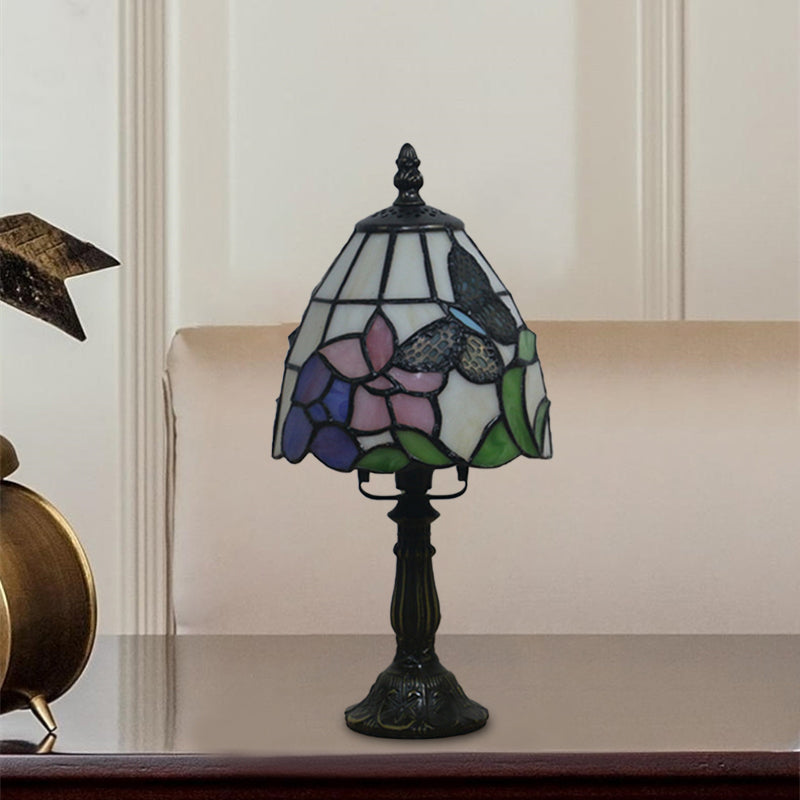 Beige/Pink Bowl Night Lamp Mediterranean 1 Bulb Hand Cut Glass Floral/Peacock Tail Patterned Table Lighting for Bedside Clearhalo 'Lamps' 'Table Lamps' Lighting' 894448