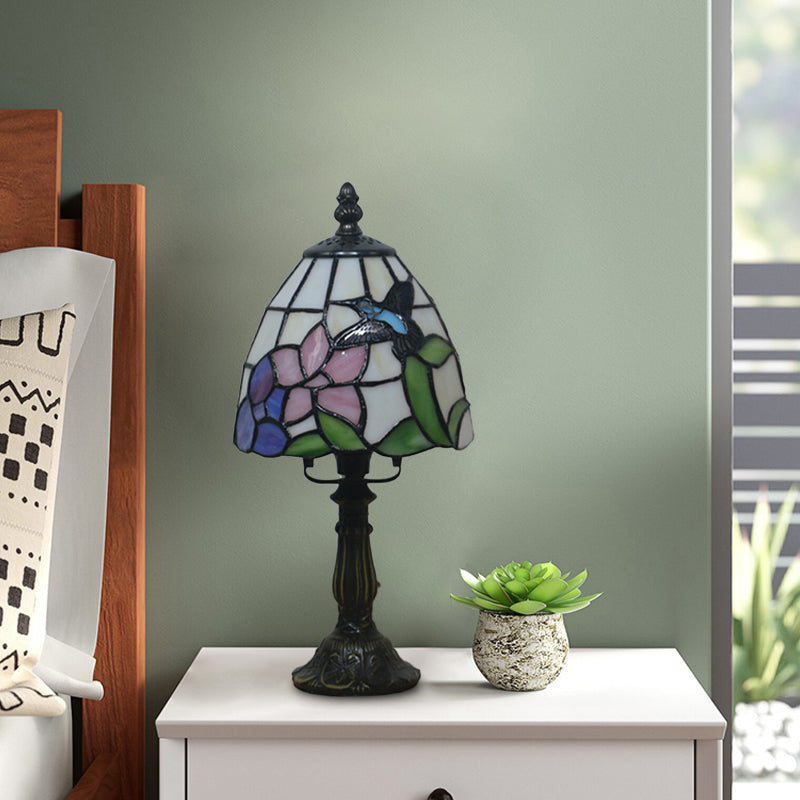 Beige/Pink Bowl Night Lamp Mediterranean 1 Bulb Hand Cut Glass Floral/Peacock Tail Patterned Table Lighting for Bedside Clearhalo 'Lamps' 'Table Lamps' Lighting' 894452