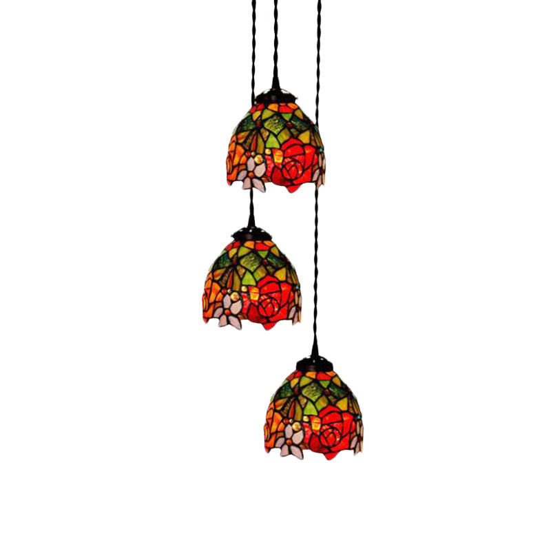 3-Head Ceiling Lamp Tiffany Domed Stained Glass Cluster Pendant Light in White/Red/Yellow with Dragonfly/Grape/Rose Pattern Clearhalo 'Ceiling Lights' 'Chandeliers' 'Close To Ceiling Lights' 'Glass shade' 'Glass' 'Industrial' 'Middle Century Pendants' 'Pendant Lights' 'Pendants' 'Tiffany close to ceiling' 'Tiffany Pendants' 'Tiffany' Lighting' 894485