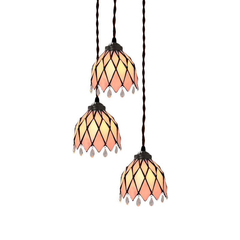 Victorian Bowl/Morning Glory Hanging Light Kit 3 Lights Pink Stained Glass Cluster Pendant for Dining Room Clearhalo 'Ceiling Lights' 'Chandeliers' 'Close To Ceiling Lights' 'Glass shade' 'Glass' 'Industrial' 'Middle Century Pendants' 'Pendant Lights' 'Pendants' 'Tiffany close to ceiling' 'Tiffany Pendants' 'Tiffany' Lighting' 894513