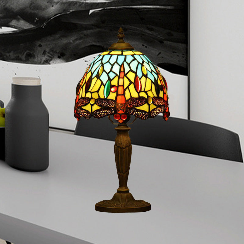 1-Light Bowl Night Lamp Mediterranean Orange/Blue/Green Cut Glass Dragonfly Patterned Desk Lighting for Coffee Shop Clearhalo 'Lamps' 'Table Lamps' Lighting' 894528