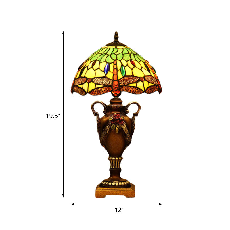 Victorian Bowl Shape Desk Light 1 Head Stained Art Glass Trophy Night Table Lamp in Blue/Green with Dragonfly Pattern Clearhalo 'Lamps' 'Table Lamps' Lighting' 894594