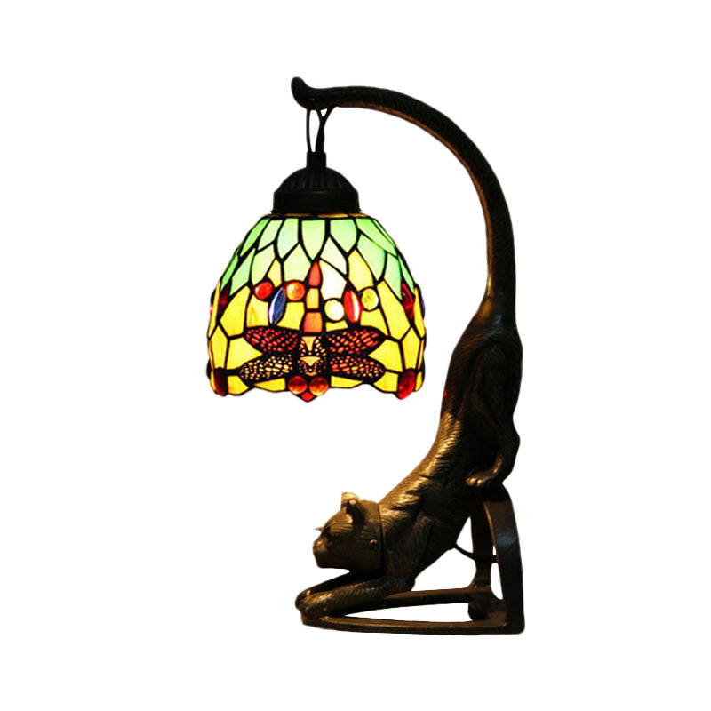 Red/Green 1-Bulb Table Lighting Tiffany Style Stained Glass Dragonfly Patterned Night Lamp with Cat-Shaped Base Clearhalo 'Art deco wall lights' 'Cast Iron' 'Glass' 'Industrial' 'Middle century wall lights' 'Modern' 'Night Lights' 'Tiffany wall lights' 'Tiffany' 'Traditional wall lights' 'Wall Lights' Lighting' 894682