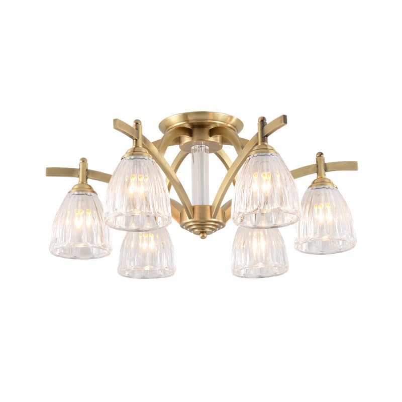 Clear Glass Cone Semi Flush Vintage 6 Bulbs Dining Room Close to Ceiling Lamp in Brass Clearhalo 'Ceiling Lights' 'Close To Ceiling Lights' 'Close to ceiling' 'Semi-flushmount' Lighting' 897098