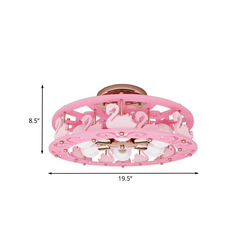 Metal Drum Semi Mount Lighting Kids 6 Lights Pink Flush Light Fixture with Bird/Angel Decoration Clearhalo 'Ceiling Lights' 'Close To Ceiling Lights' 'Close to ceiling' 'Semi-flushmount' Lighting' 897973