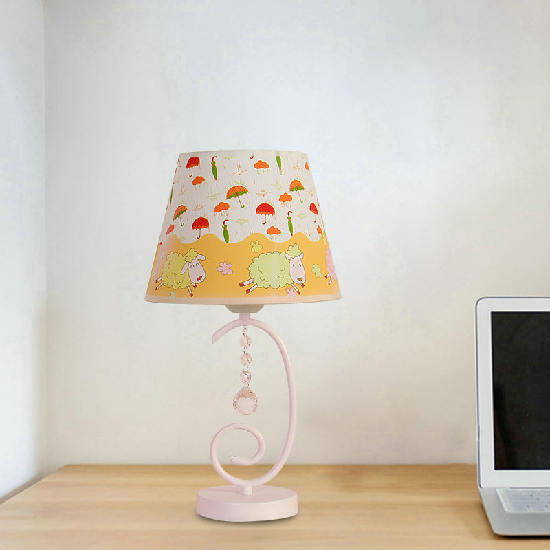 Barrel Bedroom Table Light Fabric 1 Bulb Cartoon Night Lamp in White with Crystal Drop and Sheep/Loving Heart/Elephant Pattern Clearhalo 'Lamps' 'Table Lamps' Lighting' 898011