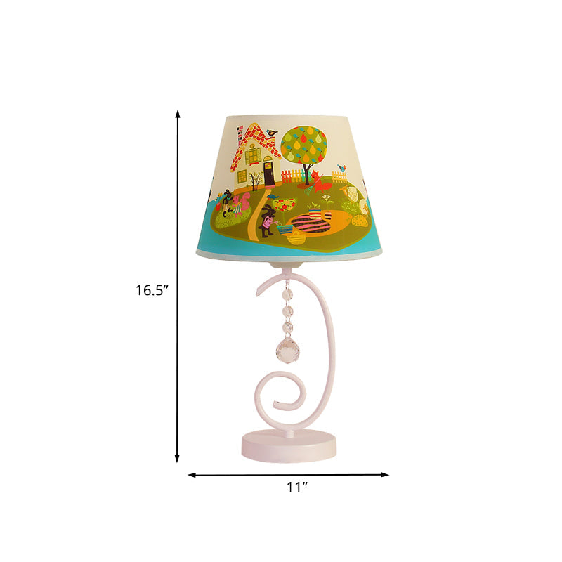 Barrel Bedroom Table Light Fabric 1 Bulb Cartoon Night Lamp in White with Crystal Drop and Sheep/Loving Heart/Elephant Pattern Clearhalo 'Lamps' 'Table Lamps' Lighting' 898019
