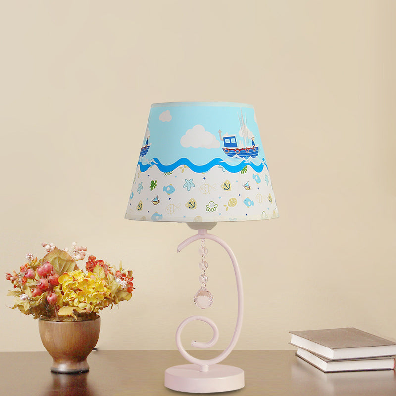 Barrel Bedroom Table Light Fabric 1 Bulb Cartoon Night Lamp in White with Crystal Drop and Sheep/Loving Heart/Elephant Pattern Clearhalo 'Lamps' 'Table Lamps' Lighting' 898022