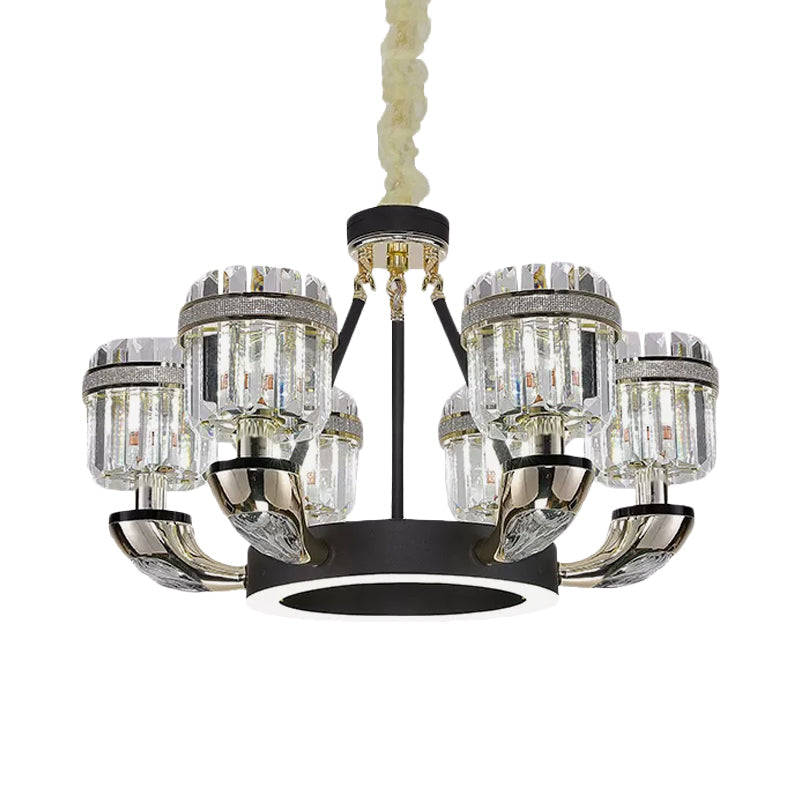6 Bulbs Living Room Pendant Modernism Black Hoop Chandelier Lighting with Drum Crystal Prisms Shade Clearhalo 'Ceiling Lights' 'Chandeliers' 'Modern Chandeliers' 'Modern' Lighting' 898273